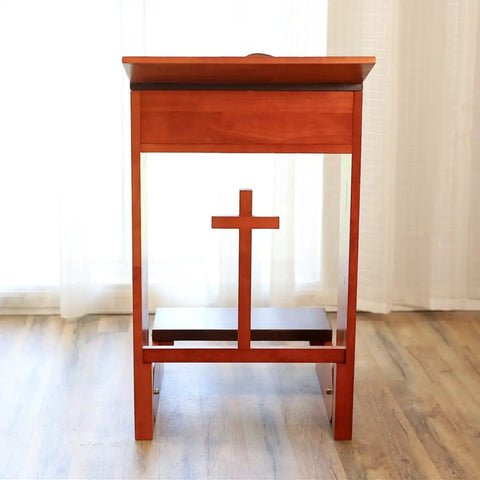 Solid Wood Prayer Kneeler Bench With Folding Table Top For Home Or Church Padded Kneeler Shelf And Compact Design Space Saving Kneeling Table Chair For Prayer And Meditation Ideal Religious Gift, front view with cross detail.