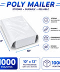 Heavy Duty 1000 Pack Poly Mailers 10x13 Inches Waterproof Self Seal Shipping Envelopes diagram with features and dimensions