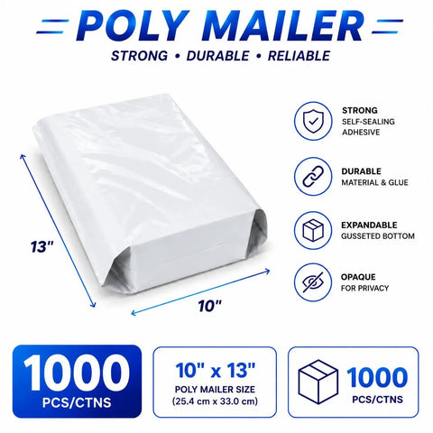 Heavy Duty 1000 Pack Poly Mailers 10x13 Inches Waterproof Self Seal Shipping Envelopes diagram with features and dimensions
