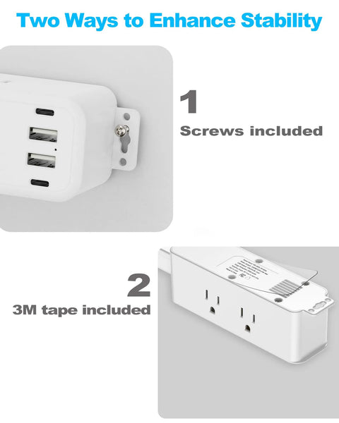 Smooth Gliding Power Strip Extender With Six Standard Outlets And Four Fast Charge Usb Ports shows wall mount installation options with screws and 3M tape.