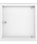 Front view of white 10x10 flush aluminum alloy access door with left latch