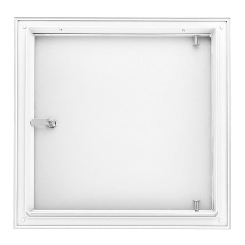 Front view of white 10x10 flush aluminum alloy access door with left latch