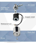 Exploded view of Air Horn Solenoid Valve Dual Voltage 12V And 24V For Quarter Inch NPT Chrome Plated Zinc Alloy with parts labeled.