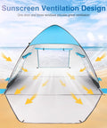 UPF 50+ Pop Up Beach Tent Auto Sun Shelter for 2 to 3 People showing ventilation design on a beach