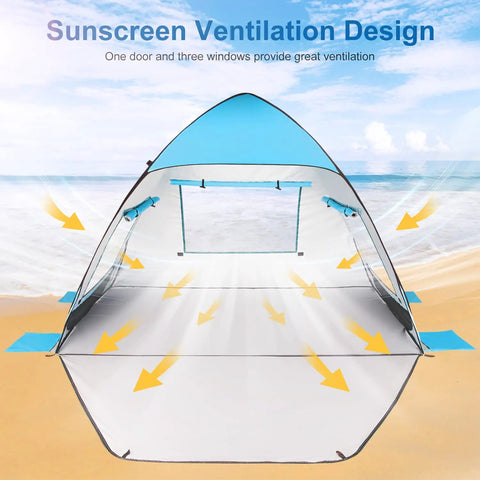 UPF 50+ Pop Up Beach Tent Auto Sun Shelter for 2 to 3 People showing ventilation design on a beach