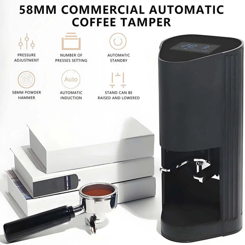 Knockout Quality Automatic Electric Coffee Tamper With 58 Mm Steel Footplate And Digital Touch Panel showcasing 58mm tamper and portafilter.