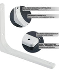Rock Solid White Heavy Duty L Brackets For Wall Shelves 8 By 6 Inch thick steel with rounded corners and no welding design.