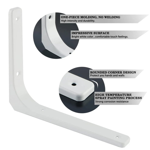 Rock Solid White Heavy Duty L Brackets For Wall Shelves 8 By 6 Inch thick steel with rounded corners and no welding design.