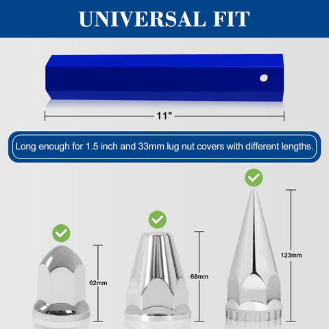 Hex Lug Nut Cover Socket Installation Tool For 1.5-Inch And 32mm/33mm Lug Nut Covers detailing blue 11-inch tool with sizes