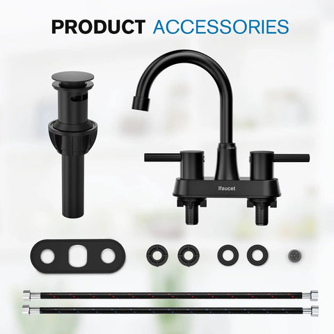 Matte Black 4 Inch Centerset 3 Hole Bathroom Faucet With Two Handles Lead Free Copper Pop Up Drain SUS304 Stainless Steel 1.2 GPM Water Saving Aerator CEC Listed Ideal For Modern Sinks and accessories