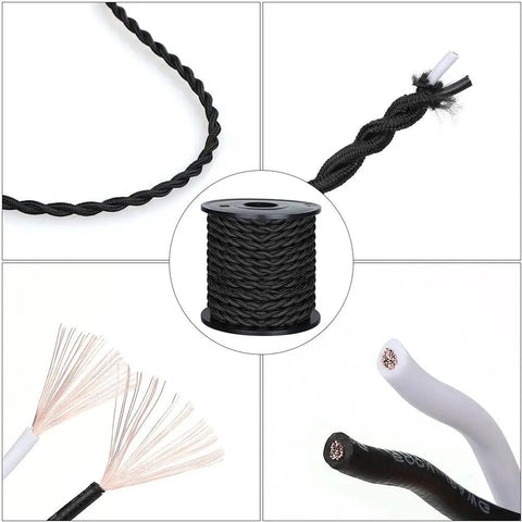 Retro Style Twisted Cloth Covered Wire 50Ft 18 Gauge 2 Conductor Vintage Fabric Lamp Cord Black For Pendant Lighting And DIY Projects Ultra Durable PVC Insulation shown with cross-section views and spool.