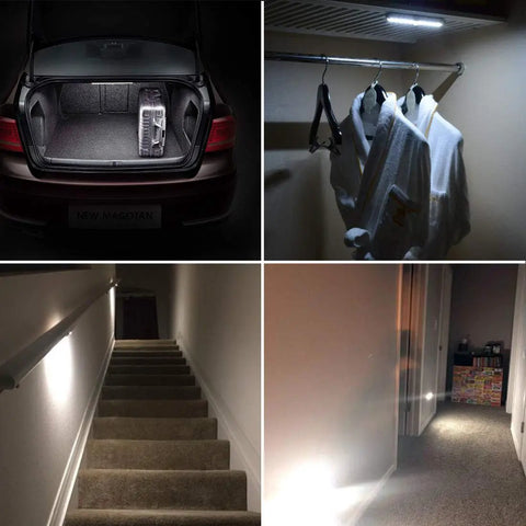 Motion Activated LED Closet Lights Six Pack Battery Powered Wireless Stick On Under Cabinet Bar Lights For Stairs Hallway And Kitchen White No Wires Needed Easy Install Auto On In The Dark in various settings, including a car trunk, closet, stairway, and hallway.