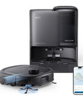 Robot Vacuum And Mop Combo With 20000 Pa Suction And HydroJet Mop System next to docking station and smartphone app display.