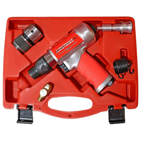 Bi-Directional Pneumatic Air Hammer Delivers 3000 BPM For Demolition And Pulling in red case with accessories visible