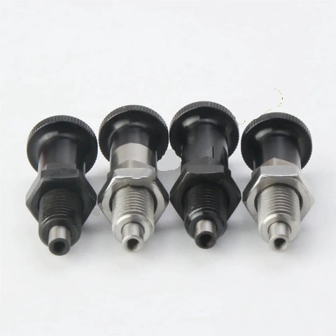 Boss Level Self Locking Indexing Plunger M10 Through M16 With Rugged Aluminum Knob Dead Set Fine Thread Design Black Matte Finish - Various angles of plungers