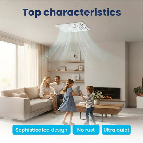 Living room with 12x12 Aluminum Four Way Air Flow HVAC Vent Cover For Walls And Ceilings, family enjoying comfort, quiet airflow