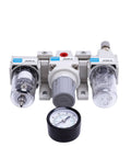 Three Unit Air Treatment System With Manual Drain Filter Pressure Regulator And Lubricator For Pneumatic Tools And Industrial Air Lines Inline Mount Kit For Your Shop AC2000 AC3000 AC4000 06D showing front view with gauge.