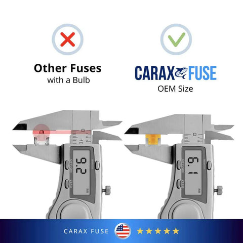 Digital calipers measuring fuses showing Toyota 4Runner 2020 Glow Fuse Kit With LED Indicator as correct size vs other fuses