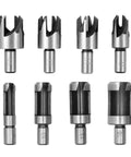 Set of eight Badass Eight Piece Wood Plug Cutter Drill Bit Set Forged From Rock Solid High Carbon Steel with various sizes.