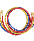 Front view of three-color refrigerant charging hoses, 60-inch length, 1/4-inch fittings for R12/R22/R134A AC manifolds