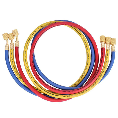 Front view of three-color refrigerant charging hoses, 60-inch length, 1/4-inch fittings for R12/R22/R134A AC manifolds