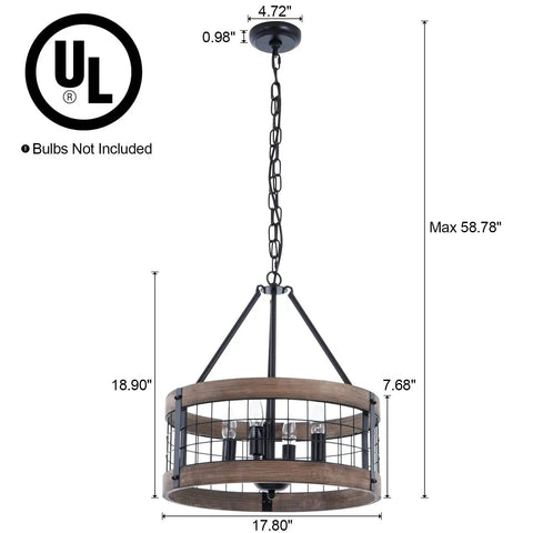 Diagram of 4-Light Farmhouse Drum Chandelier Barn-Inspired With Rustic Wood Rings For Dining Room showing dimensions and UL logo.