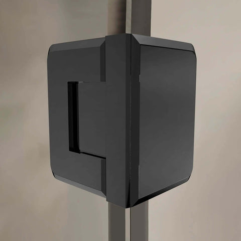 Close-up of Glass To Glass Shower Door Hinge 90 Degree Solid Forged Brass Black Nickel Finish with beveled edges.