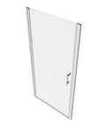 Rugged Chrome Shower Door Pivot Hinges For Outward Opening Enclosures, Adjustable 30 To 31 And 3 Eighths Inches, one quarter inch tempered glass door with handle