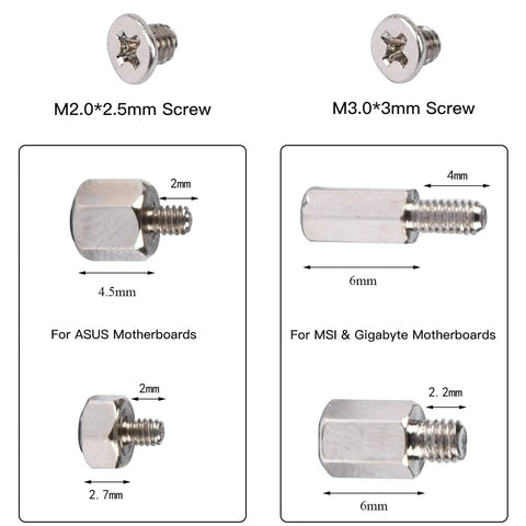 Heavy Duty M.2 SSD Screw Kit Offering Smooth Setup Featuring Rock Solid Standoffs For Asus Gigabyte MSI Asrock Motherboards with M2 and M3 screws.
