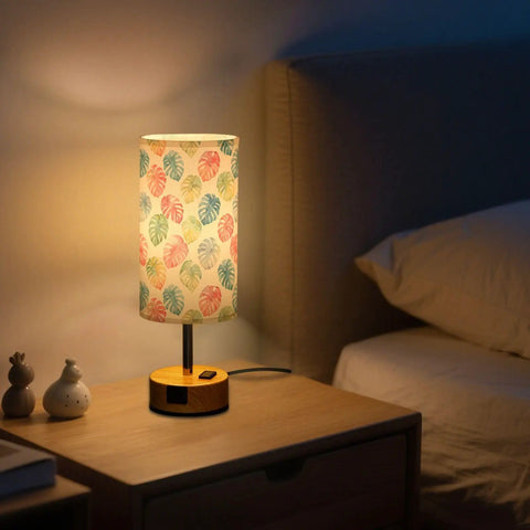 Watercolor Monstera Leaf Palm Decor Bedside Lamp With Three Way Dimmable Touch Control And Built In Charging Station