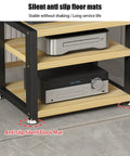 Multi Tier HiFi Rack With Solid Wood And Stainless Steel Brackets Anti Vibration Desktop Audio Stand corner view, floor mats visible
