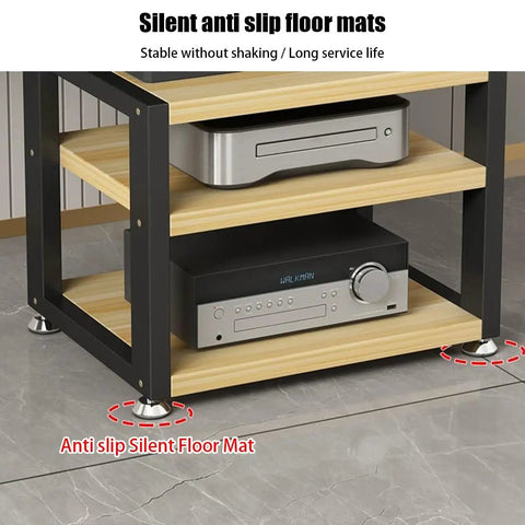 Multi Tier HiFi Rack With Solid Wood And Stainless Steel Brackets Anti Vibration Desktop Audio Stand corner view, floor mats visible