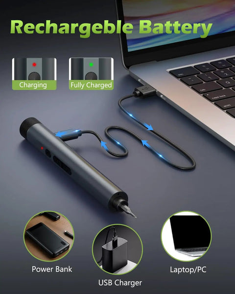 Mini Electric Screwdriver Cordless Precision Tool Kit With 49 In 1 Set And 47 Magnetic Bits LED Light plugged into a laptop USB-C charging