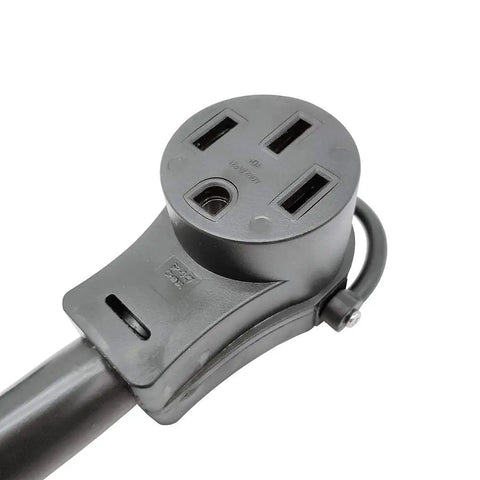 Close-up of Beefy 50A Shore Power Adapter Cord For RV And EV 1.5ft NEMA SS2 50P To 14 50R CS6365 connector