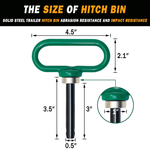 Two Pack Magnetic Trailer Hitch Pins With Handle And Clip 1/2 Inch for Lawn Mowers ATVs and Trailers, green dimensions.