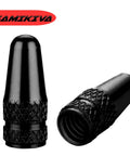 Two 10 Pack Presta Valve Stem Caps Aluminum Chrome Anodized Black Rocket Style Dust Caps in close-up view.