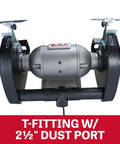 10 Inch Bench Grinder With Badass 1.5 Hp Motor Spinning At 1800 Rpm features a T-fitting with a 2½" dust port for efficient metal prep.