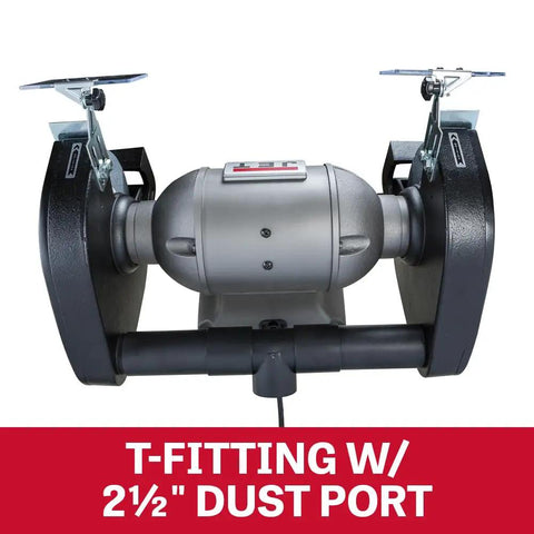 10 Inch Bench Grinder With Badass 1.5 Hp Motor Spinning At 1800 Rpm features a T-fitting with a 2½" dust port for efficient metal prep.