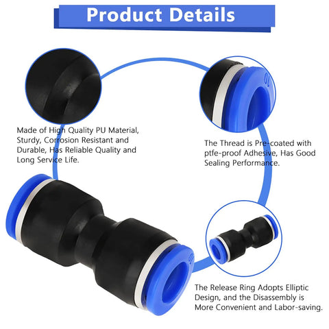 Get Your Hands On These 30 Pieces Of Quick Connect Air Hose Fittings Straight Up For 1/4 Inch And Bigger Tubes Made To Fit Perfectly Without Leaks Or Hassle In Your Shop. PU quick connect air hose fitting, blue ring detail