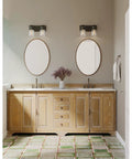 Bathroom with Super Cool Antique Bronze Farmhouse Two Light Bath Vanity Light With Clear Glass Shades, double sink.