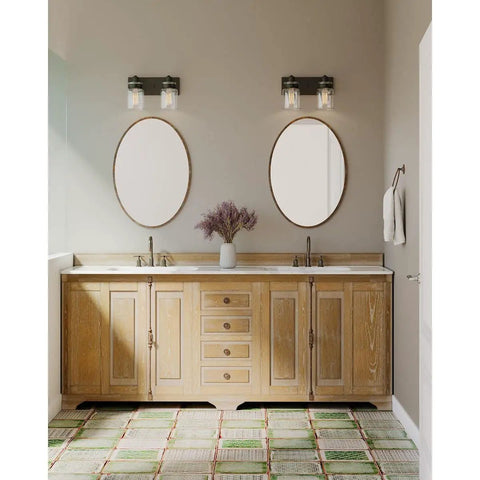 Bathroom with Super Cool Antique Bronze Farmhouse Two Light Bath Vanity Light With Clear Glass Shades, double sink.