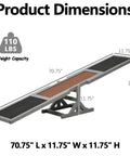 Dimensions of 71 Inch Outdoor Dog Agility Seesaw for Training and Exercise with slip-resistant fir wood, 110 lb capacity.