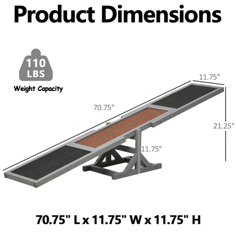Dimensions of 71 Inch Outdoor Dog Agility Seesaw for Training and Exercise with slip-resistant fir wood, 110 lb capacity.