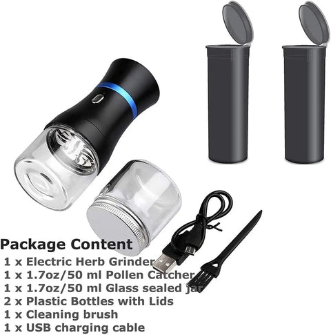 Electric Herb Grinder Compact For Flower Buds USB Rechargeable Glass Chamber Duo 1.7oz Each Portable Grinder set with accessories