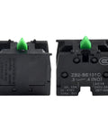 Five Piece Heavy Duty Push Button Switch Normal Open Configuration with green actuator for shop equipment and garage projects.