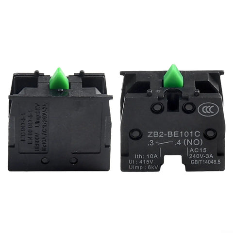 Five Piece Heavy Duty Push Button Switch Normal Open Configuration with green actuator for shop equipment and garage projects.