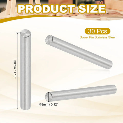 Heavy Duty 304 Stainless Steel Dowel Pins 3mm By 30mm 30 Pack showing dimensions and metallic finish for woodworking.