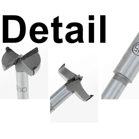 Close-up of 19 Piece Forstner Drill Bit Set 10mm To 40mm Range Pro Grade Woodworking Hole Cutter Bits, tungsten steel details shown.