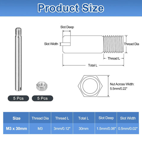 Slotted Cylindrical Pin Set M3 x 30mm With Nuts, 5 pieces, 304 Stainless Steel Dowel Pins External Thread Locating Pins, size diagram