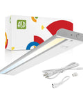 Swivel LED Under Cabinet Lighting Kit 24 Inch Plug In Or Hardwired Dimmable With 3CCT 2700K 4000K High Low Off Switch displayed.